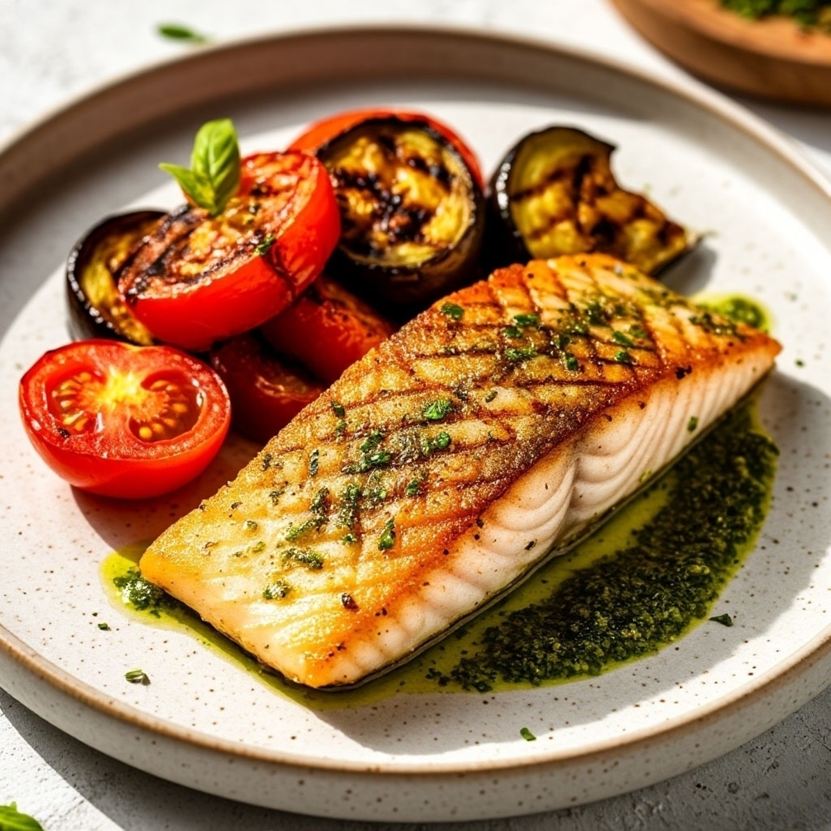 Филе судака с печеными овощами и соусом "Песто"