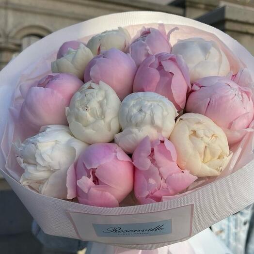 Букет из бело-розовых пион 15 шт