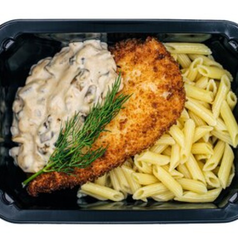 Шницель куриный с пастой и гриб. жюльеном