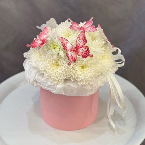 Букет из белых хризантем с бабочками (к0043)