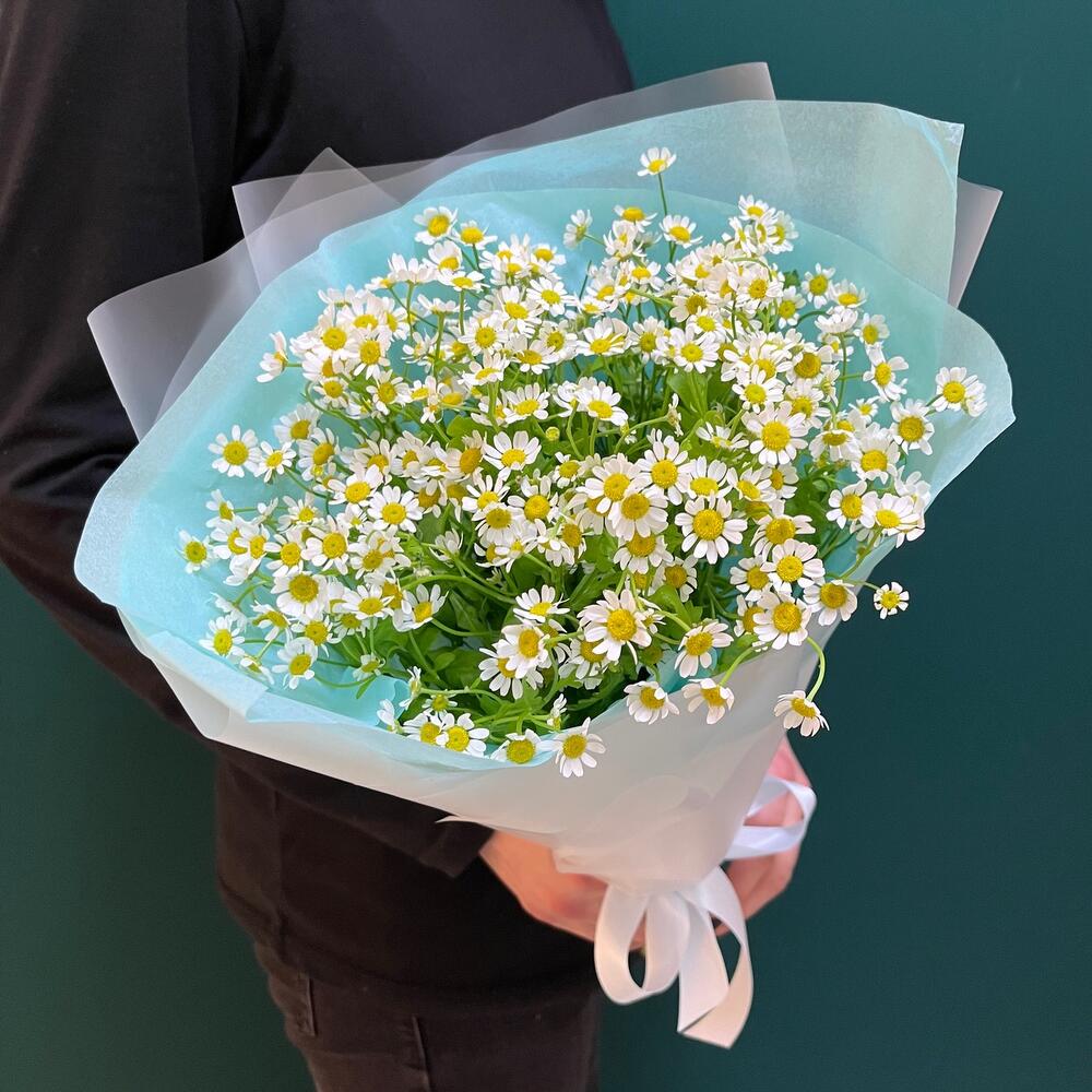 Букет-комплимент из матрикарий (ромашек) в упаковке