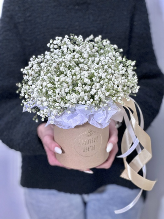 Белая гипсофила в крафтовой коробке