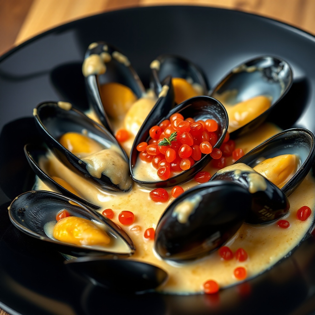 Мидии в икорном соусе