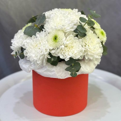 Букет из хризантем с эвкалиптом, в коробке (к1948)