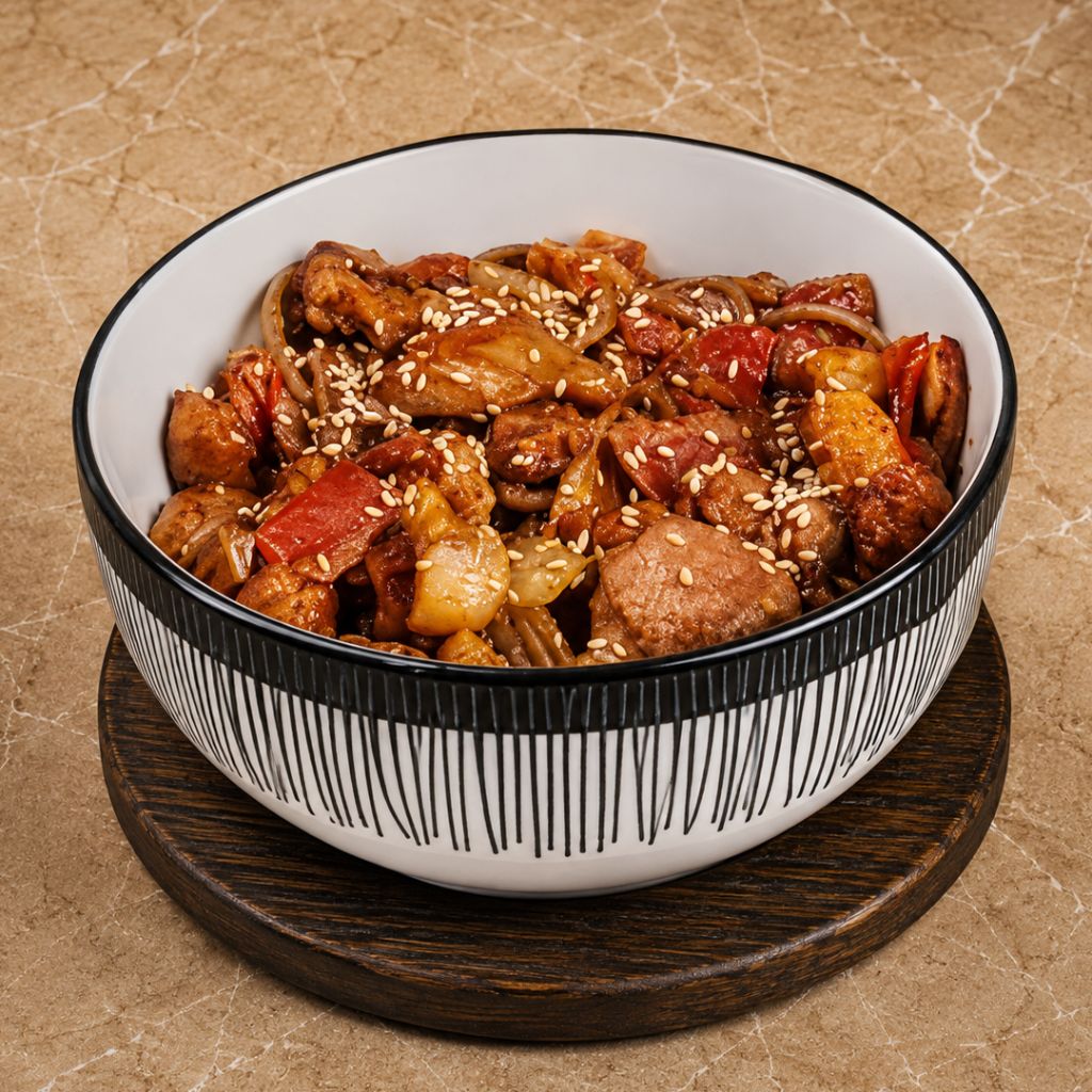 Wok с курицей, беконом