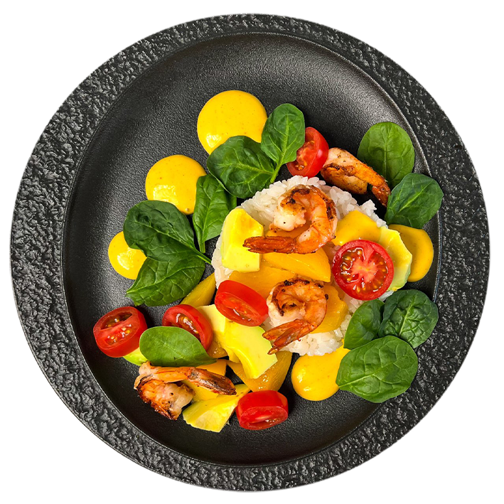 Салат с рисом, персиком и креветками