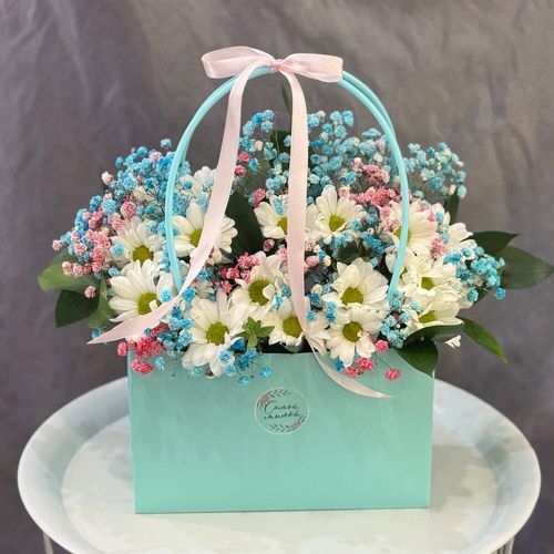 Букет в сумочке: ромашки, гипсофила, зелень (к0057)