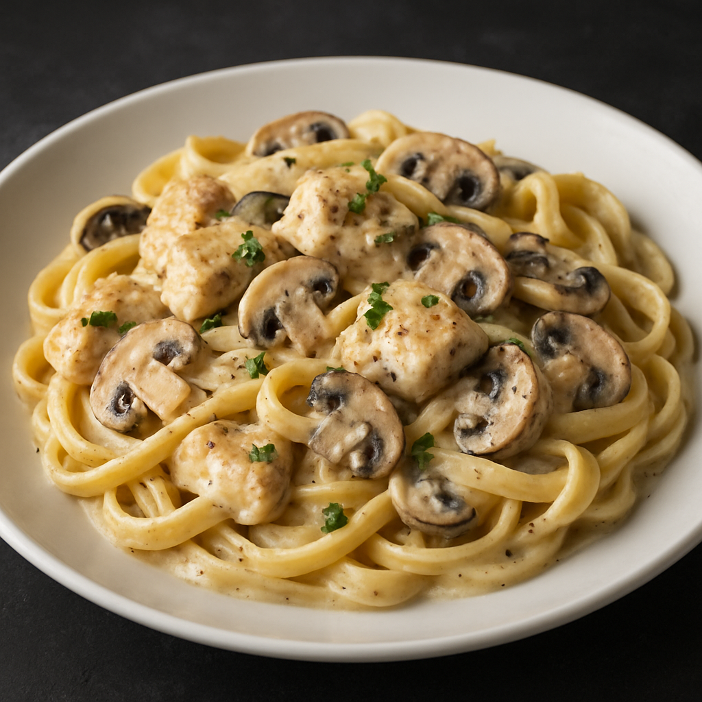 Паста с курицей и грибами в сливочном соусе