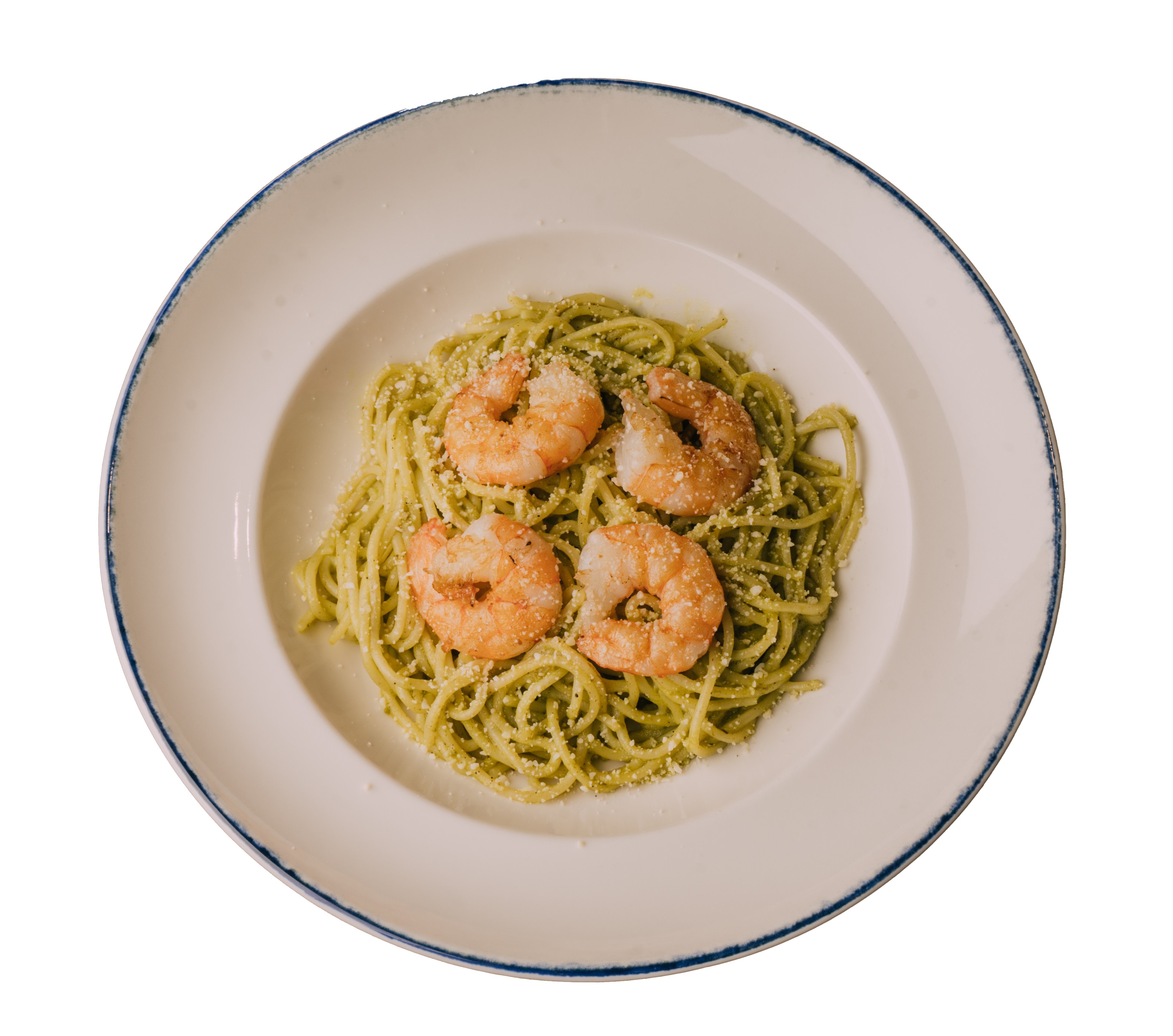 Паста в сливочном песто с креветками