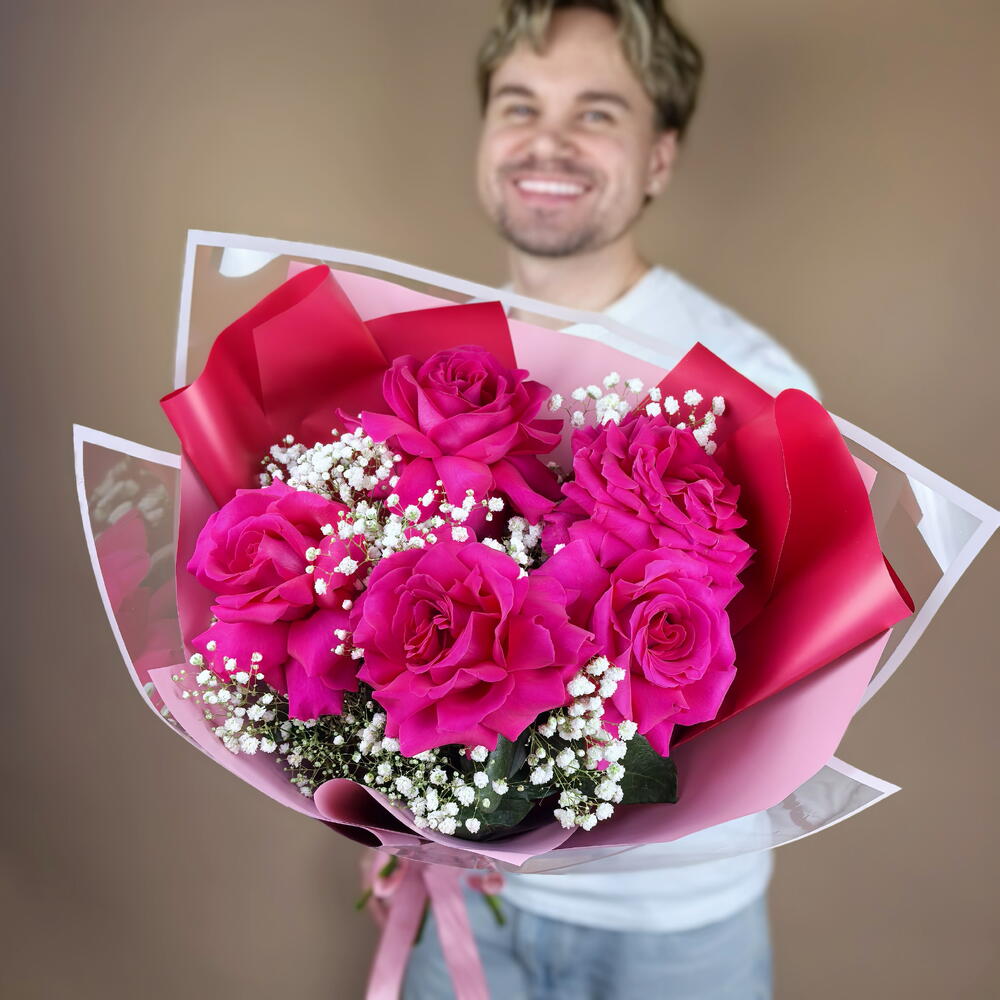 Букет Розовый вечер с розой и гипсофилой