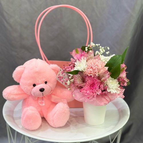Мягкая игрушка Мишка розовый 18 см с букетом цветов в стаканчике