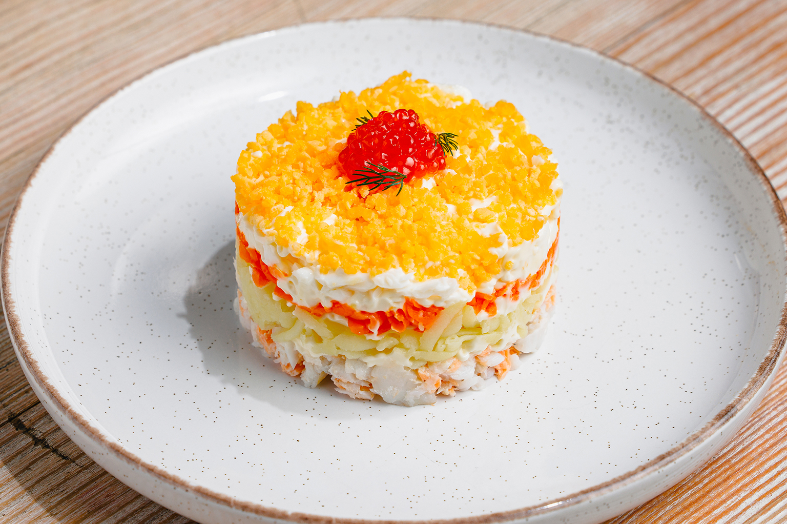 Мимоза с весьегонским судаком и копчёной форелью