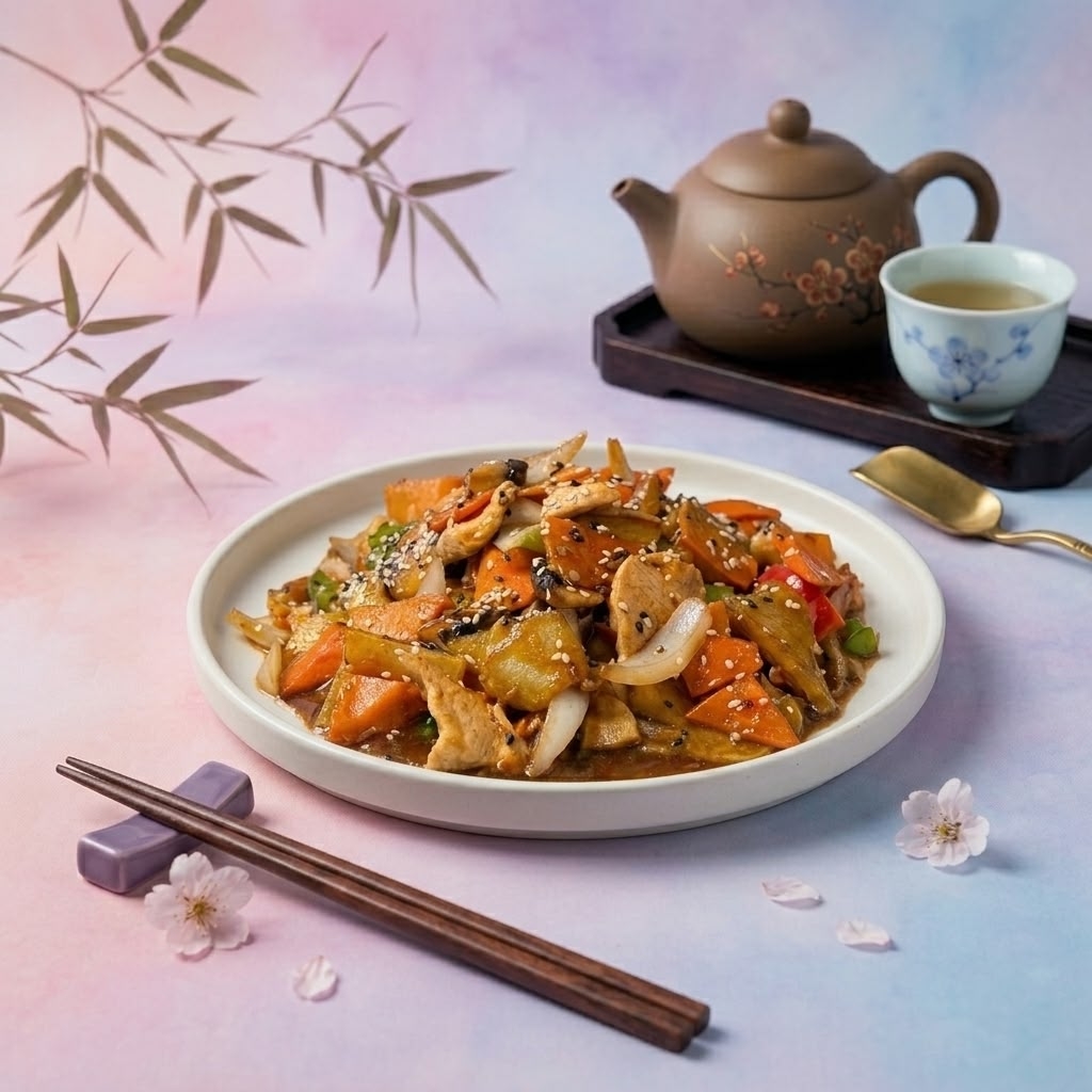Жареный картофель с мясом и грибами