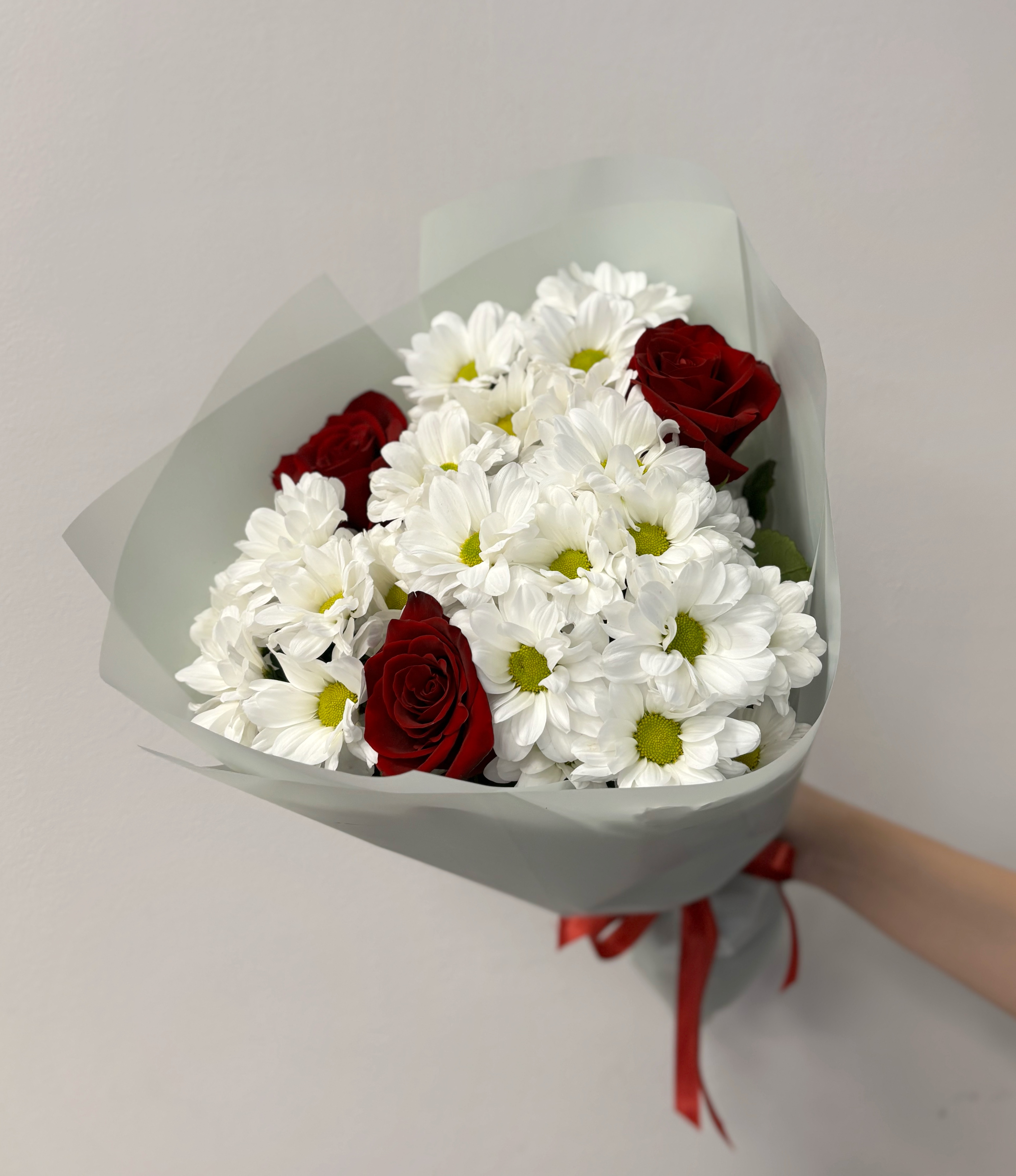 Букет из 3 красных роз Эквадор 50 см и 4 кустовых хризантем