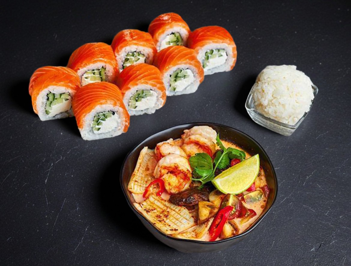 Том Ям с морепродуктами + Ролл Филадельфия с лососем