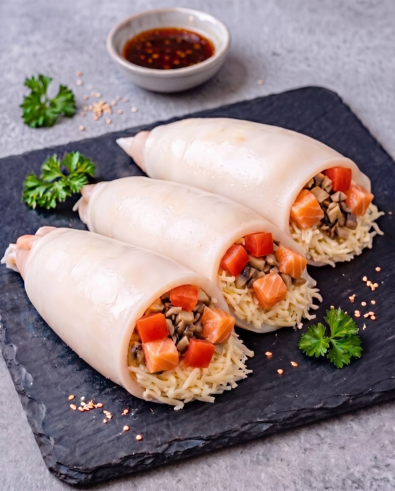 Кальмар фаршированный с форелью, томатами и грибами