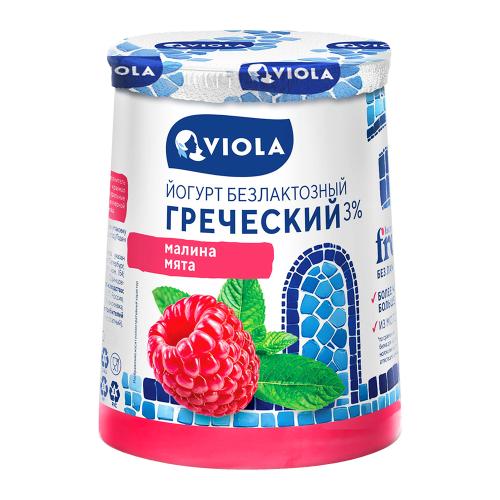 Йогурт греческий безлактозный малина и мята Виола 3% 140г