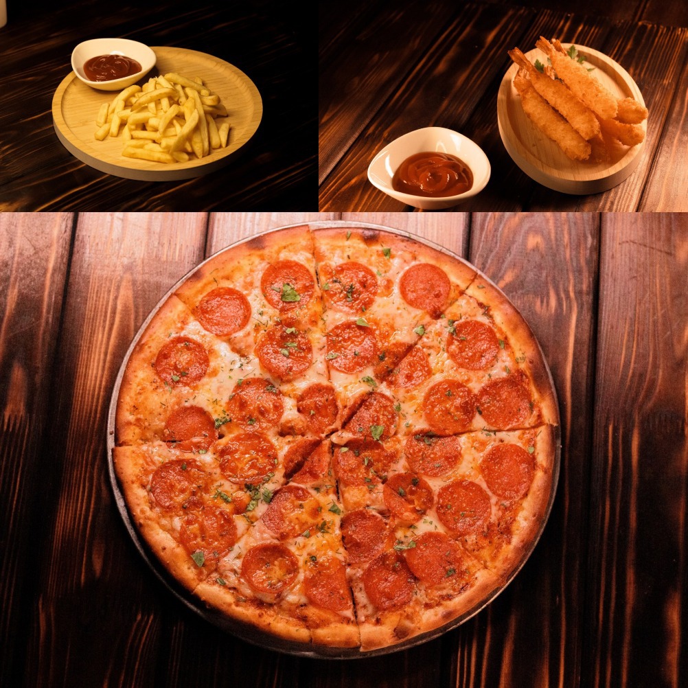 Комбо 3 (Креветки темпура, фри, Пицца пепперони)