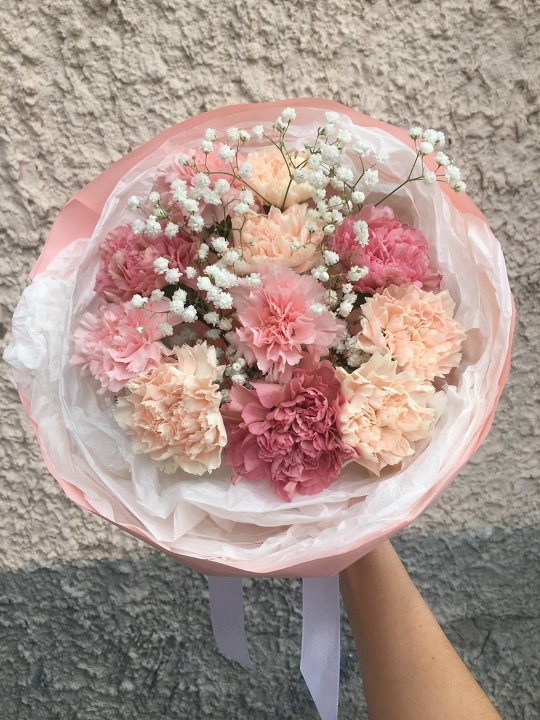 Букет 11 диантусов с гипсофилой