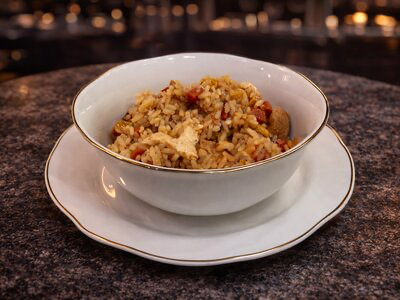 Жареный рис с курицей и овощами