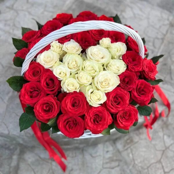 Композиция из 51 алой и белоснежной розы в форме сердца в корзине