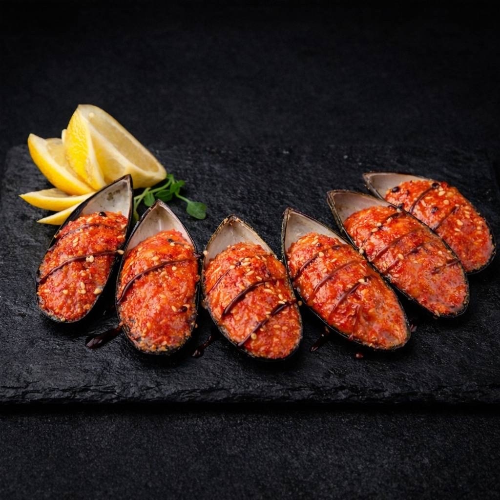 Запеченные мидии под яки соусом