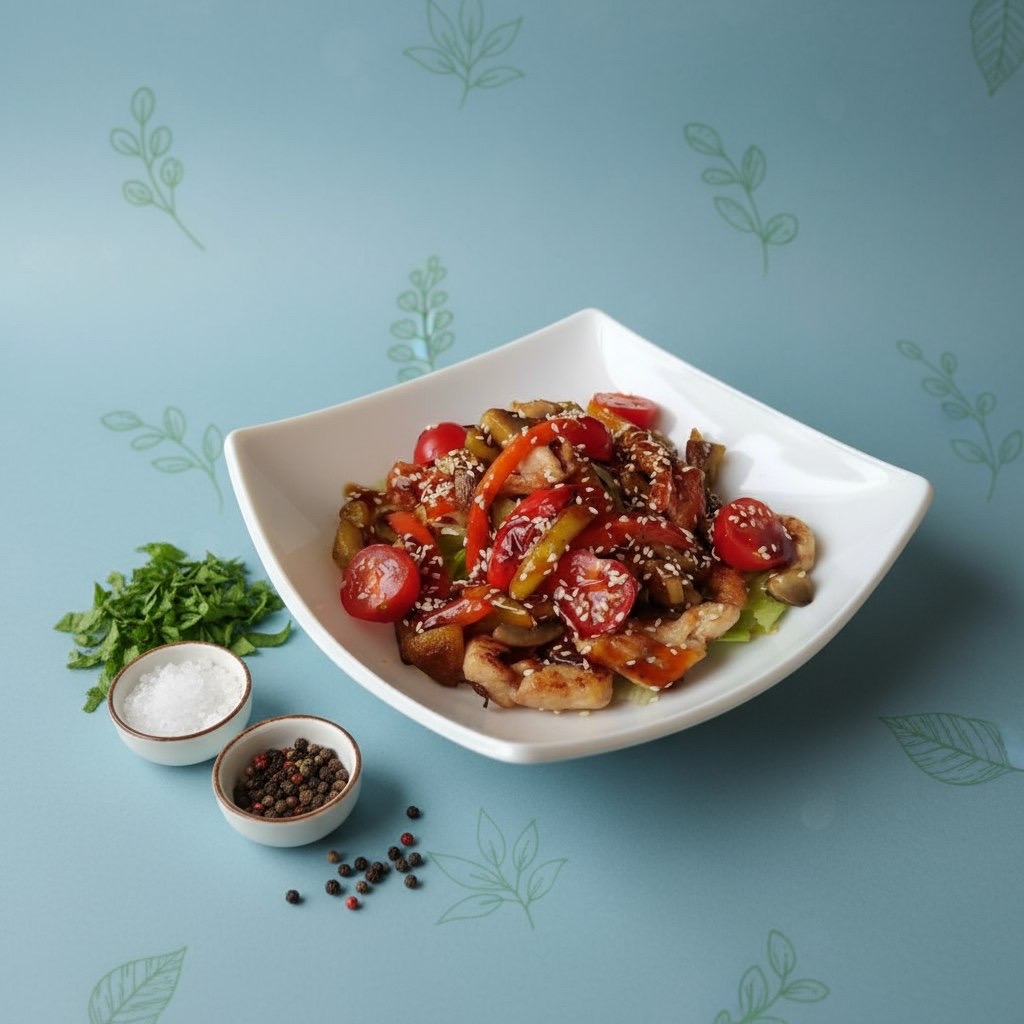 Теплый с курицей и баклажанами