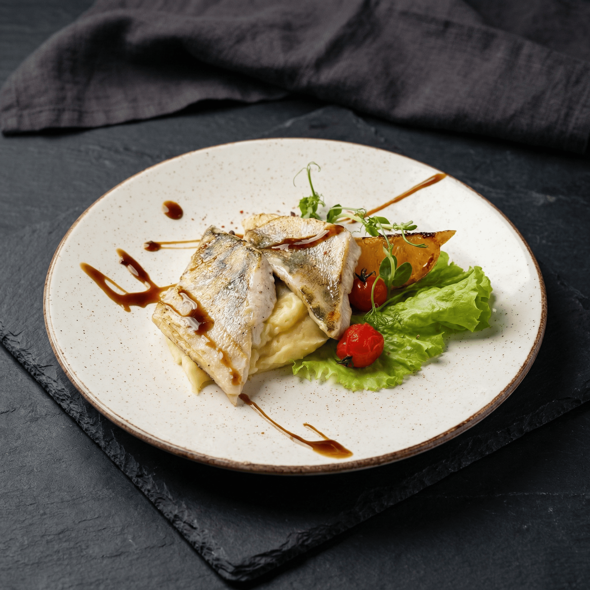 ФИЛЕ СУДАКА НА ГРИЛЕ С КАРТОФЕЛЬНЫМ КРЕМОМ И ДИЖОНСКОЙ ГОРЧИЦЕЙ