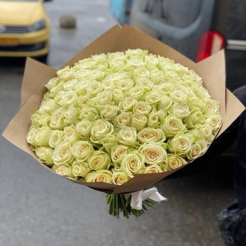 101 белая роза Эквадор в краф упаковке