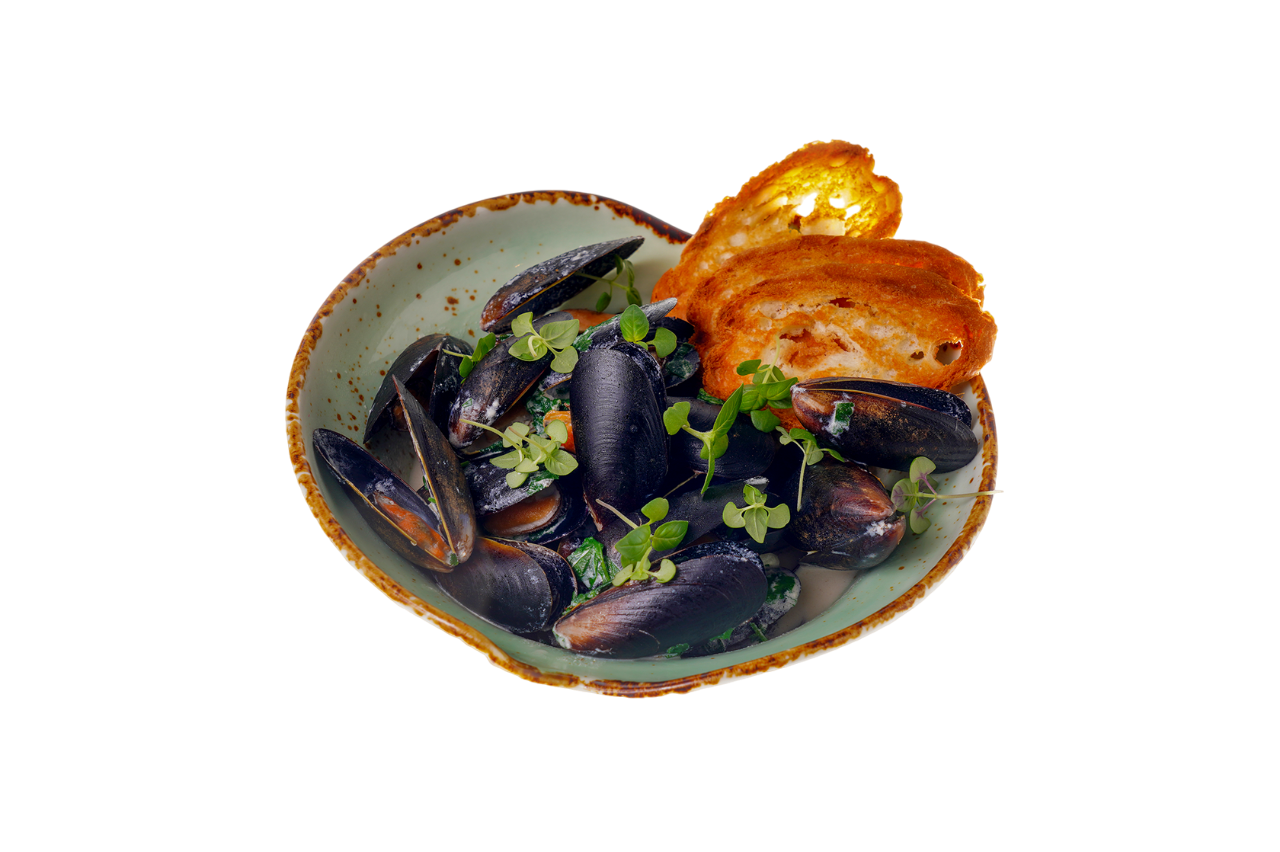 Мидии в раковине в сливочном соусе