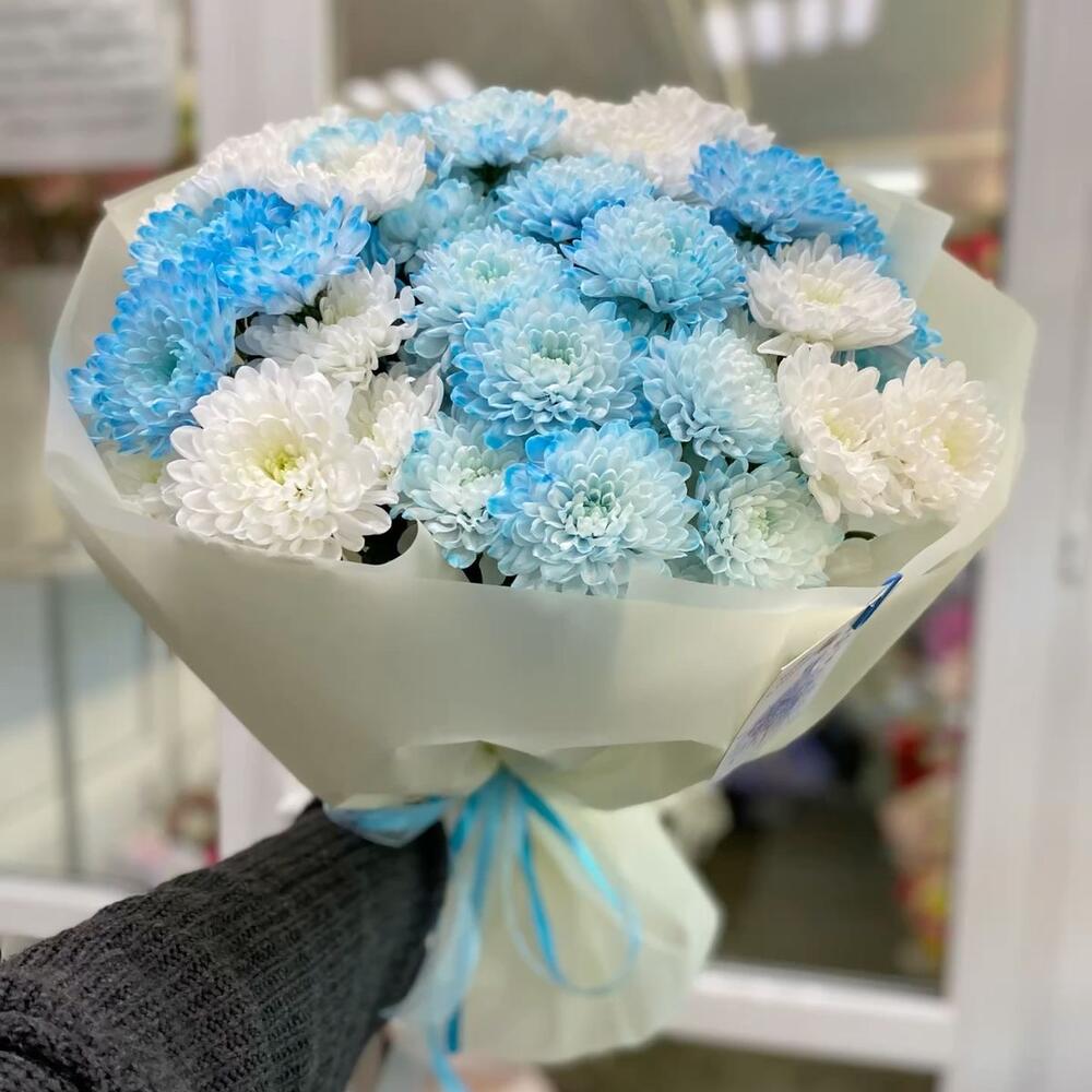 Букет из разноцветной кустовой хризантемы в упаковке