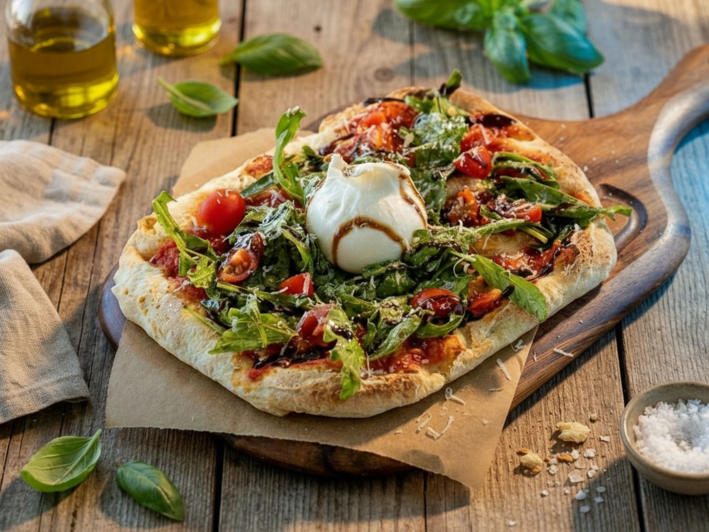 Римская пицца с бурратой (страчателла, томаты черри, руккола, пармезан)