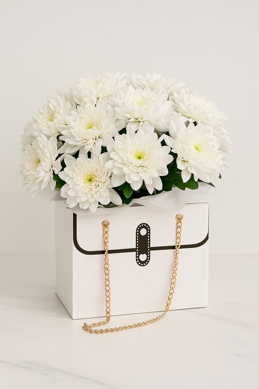 Композиция из хризантем в сумочке