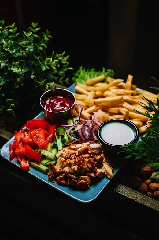 Шаверма на тарелке с куриным мясом 