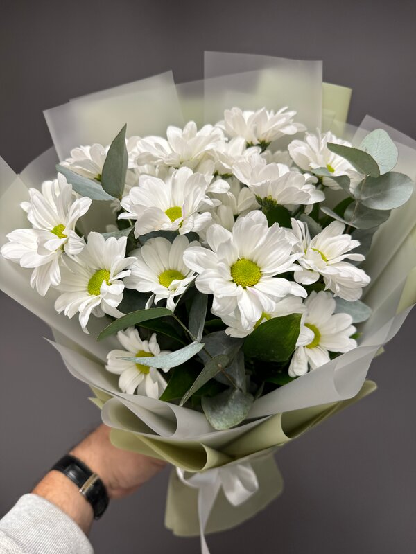 Букет из 3 кустовых ромашковых хризантем с эвкалиптом