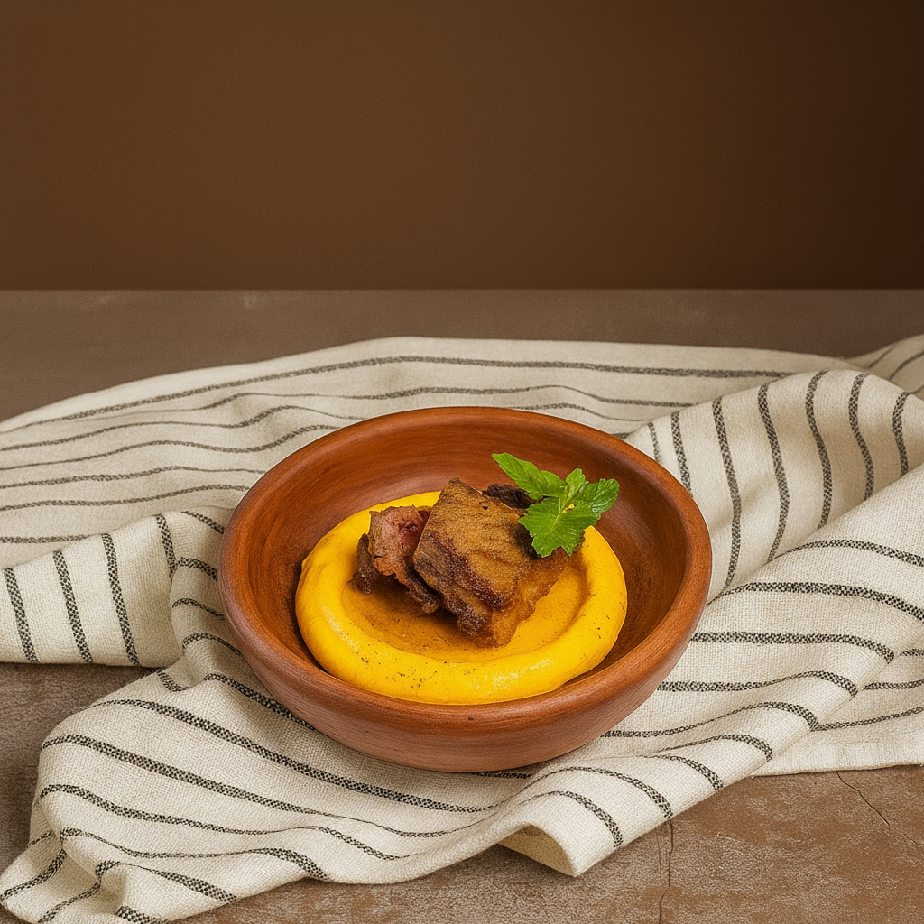 Томленая говядина с тыквенным пюре.