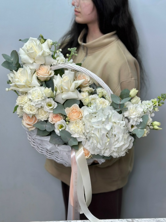 Корзина с гортензией ,эустомой ,кустовой розой и эквадорскими розами