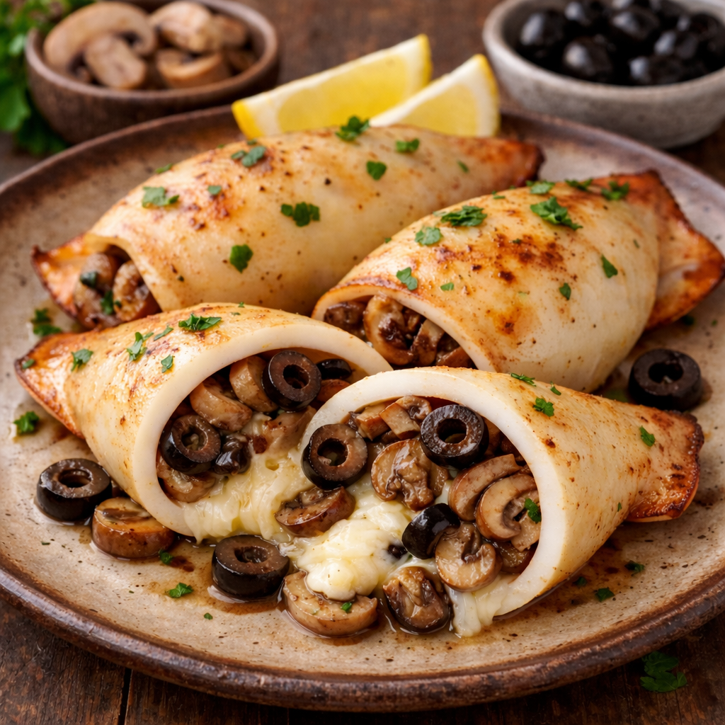 Кальмар фаршированный с грибами и маслинами