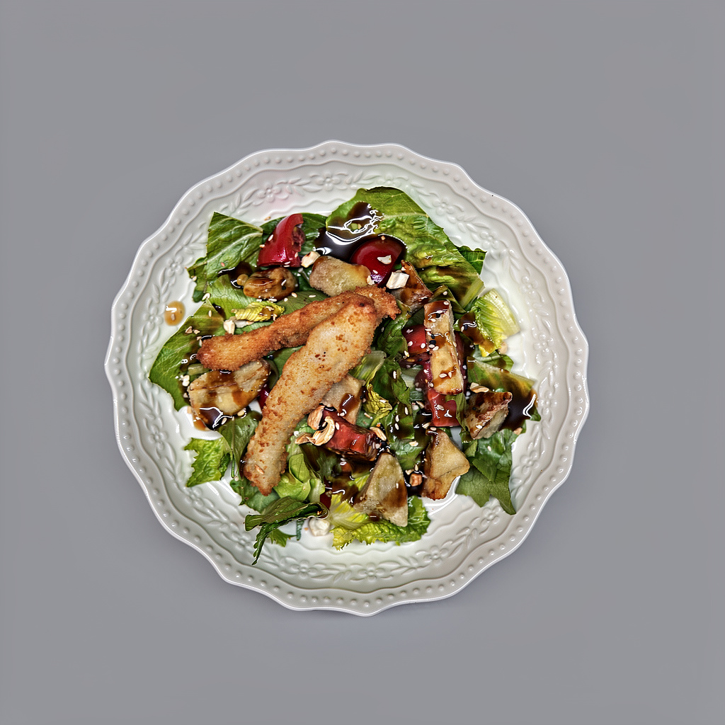 Теплый салат с креветками в кляре и жареными баклажанами.