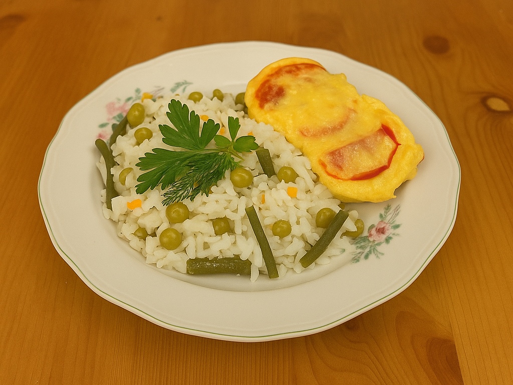 Куриная отбивная с рисом и овощами