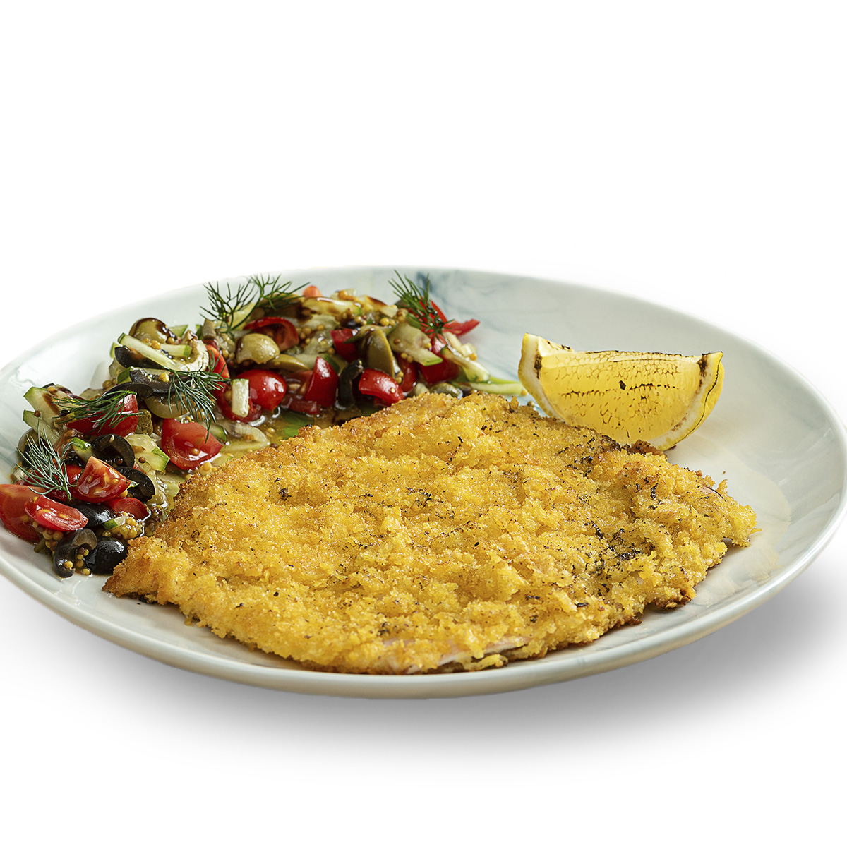 Шницель из кальмара с овощами