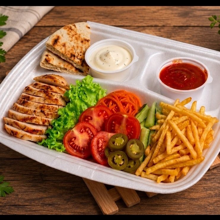 Шаурма на тарелке с курицей и картофелем фри