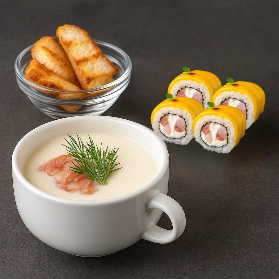 Сырный крем суп и ролл Запеченный Чиз 4 кусочка