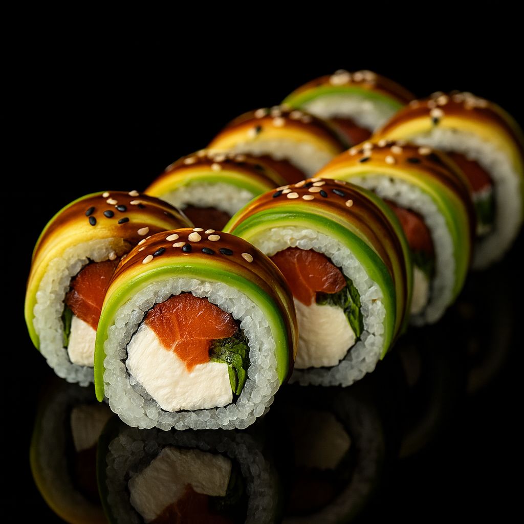 Ролл в слайсе огурца с лососем