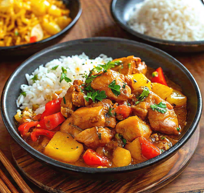 黄焖鸡米饭 / Курица по-китайски тушенная с картофелем и сладким перцем, с рисом "Цзиатин-бан"