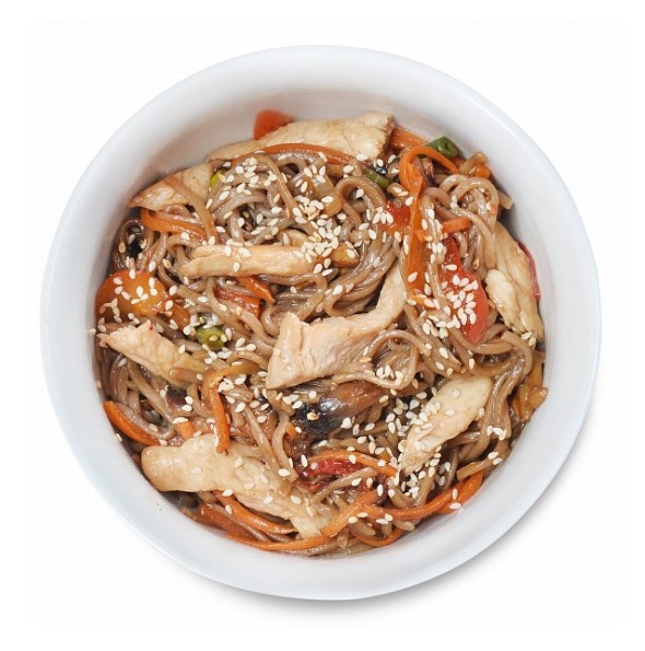 Курица под остро-сладким соусом+соба