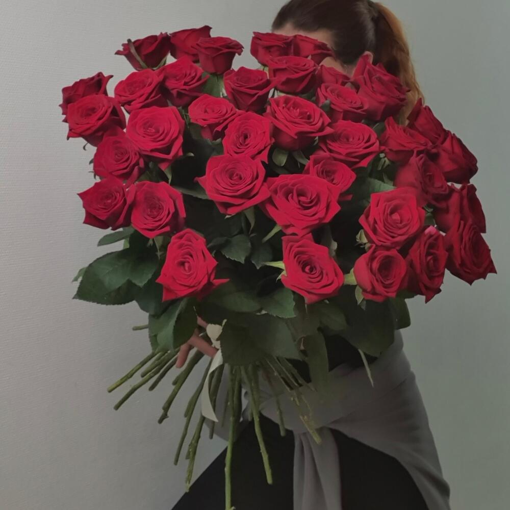 Красные розы под ленту (35шт)