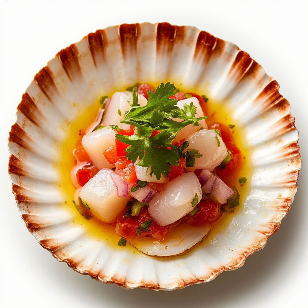 Гребешок на створке с клубникой и тартаром