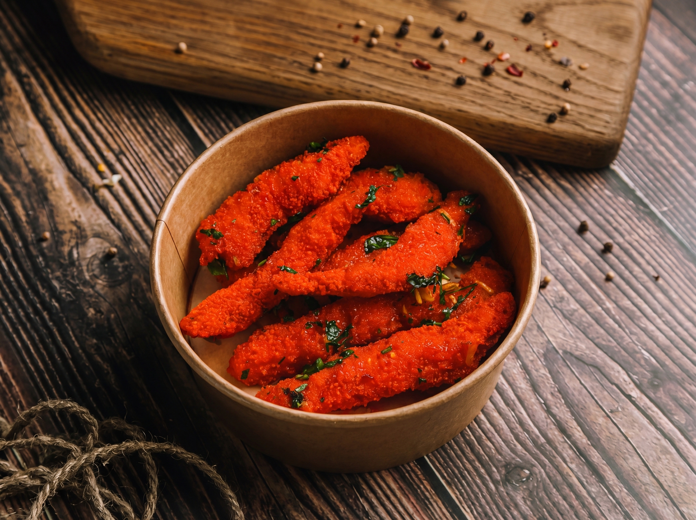 Куриные стрипсы в сладко-остром соусе с чесноком и зеленью