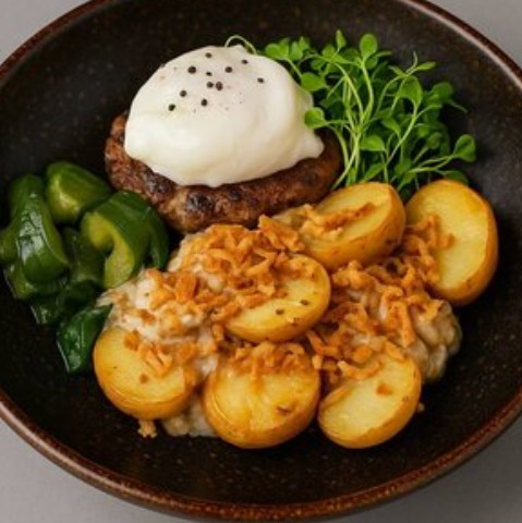 Бифштекс с яйцом пашот и молодым картофелем
